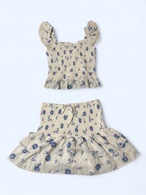 Floral Smocked Mini Dress Set in Beige and Blue